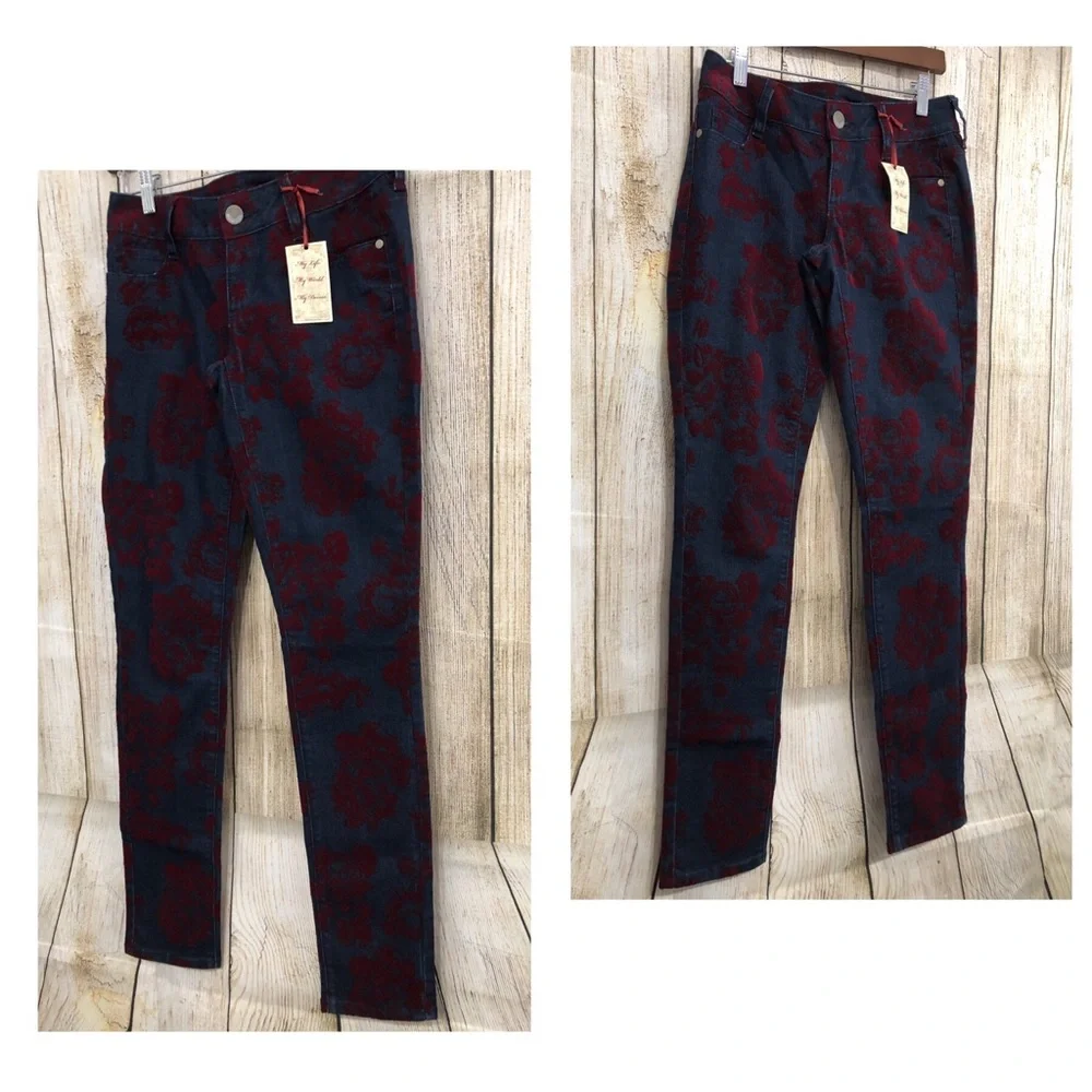 Decree Jeans Skinny Burgandy Velvet‎ Abstract Pattern Low Rise Goth Grunge Y2K